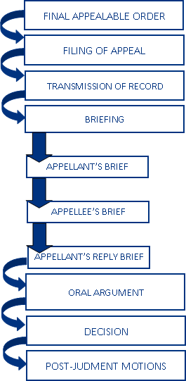 Appellate A flowchart showing the appeals process: final appealable order, filing of appeal, transmission of record, briefing, appellant’s brief, appellee’s brief, appellant’s reply brief, oral argument, decision, post-judgment motions.