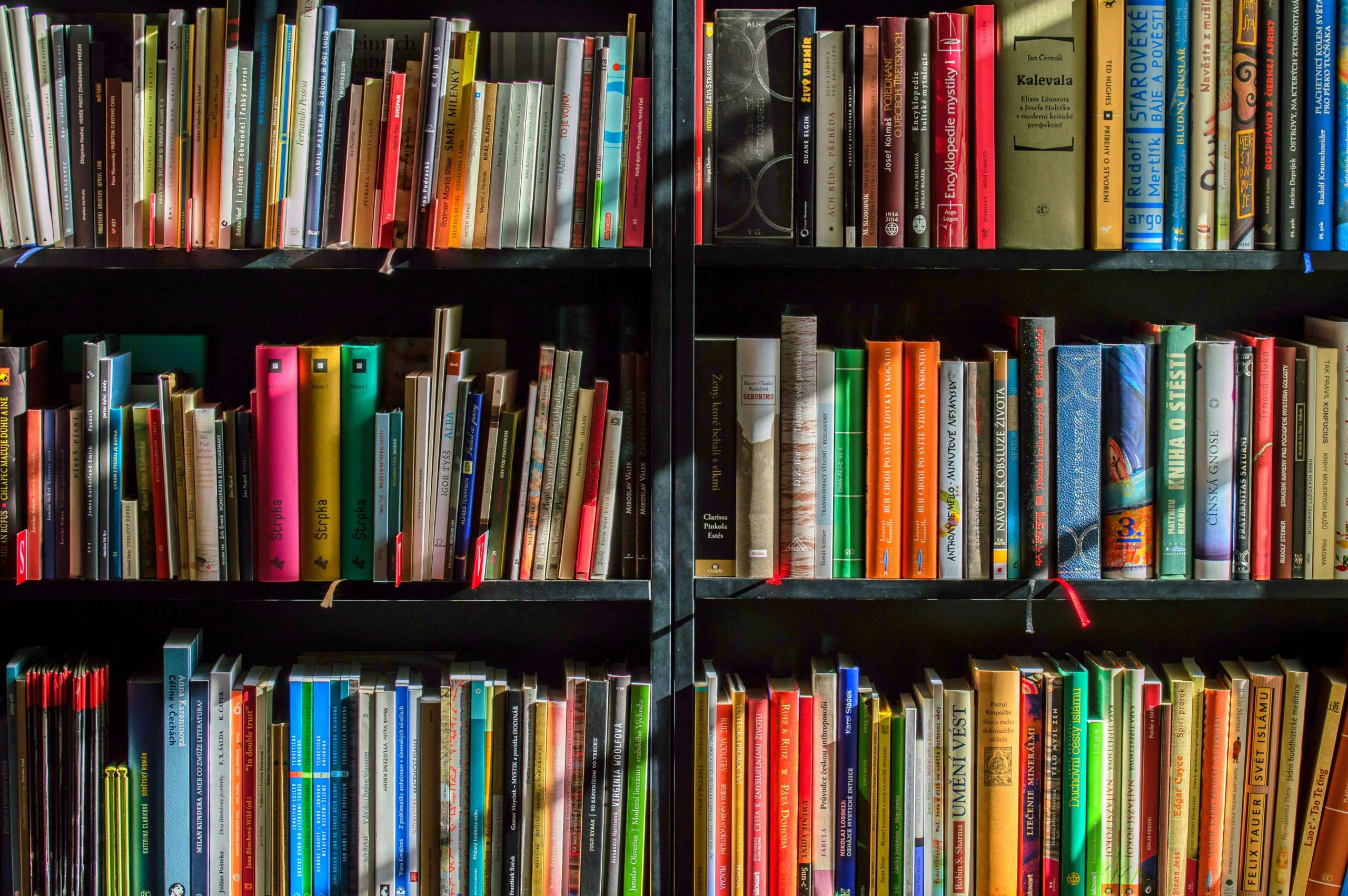 A black bookshelf filled with colorful books and folders arranged vertically and horizontally on three shelves, with various book sizes and spines visible.