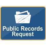 A blue sign with a white folder icon above the words Public Records Request in bold white letters.
