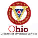 Logo of the Ohio Department of Veterans Services, featuring a circular emblem with a large gold V over the Ohio state flag and text below reading Ohio Department of Veterans Services.