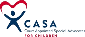 CASA logo featuring a blue figure with arms raised, forming a red heart overhead. Text reads CASA Court Appointed Special Advocates for Children.