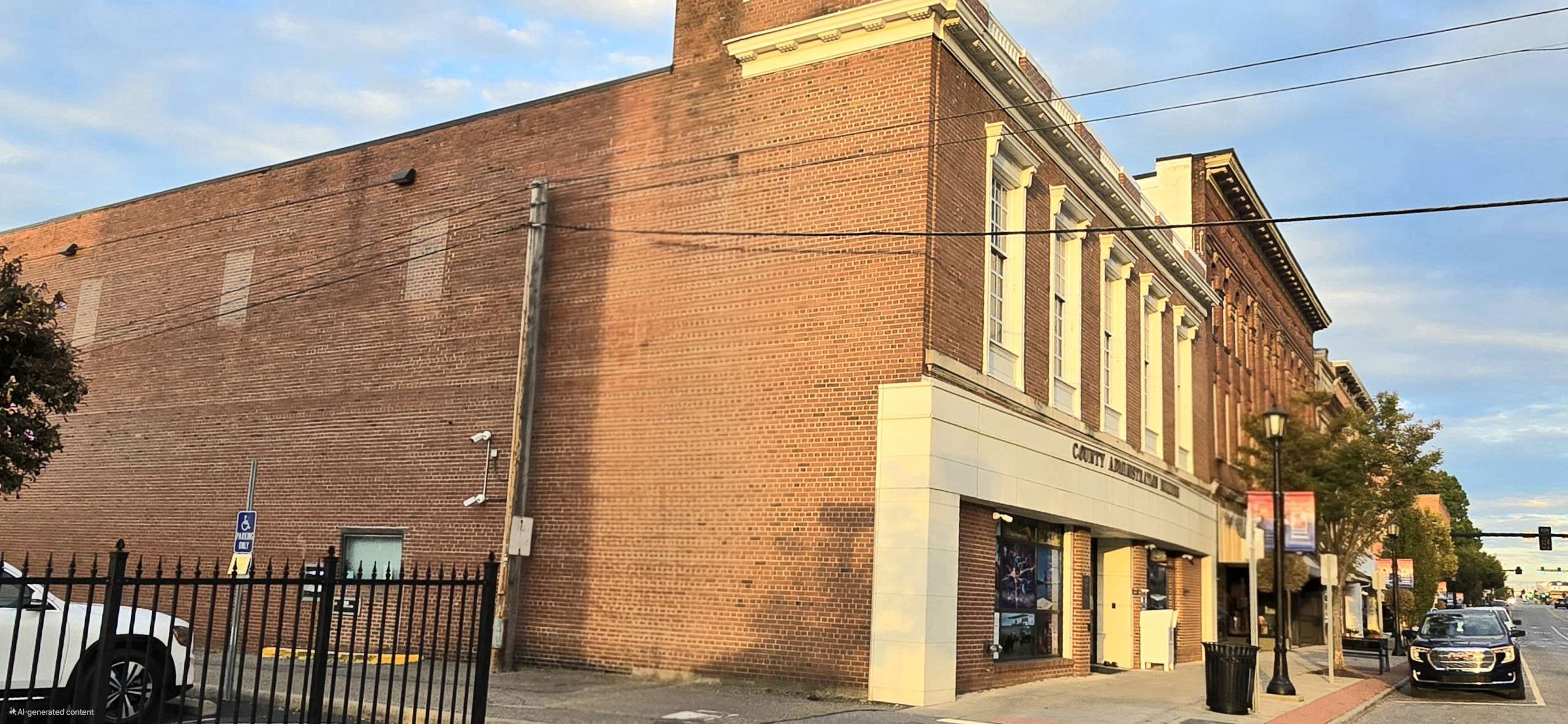 A street view of a large brick building with tall windows and a white entrance facade. There are cars parked along the road, a black metal fence on the left, and a clear blue sky above.