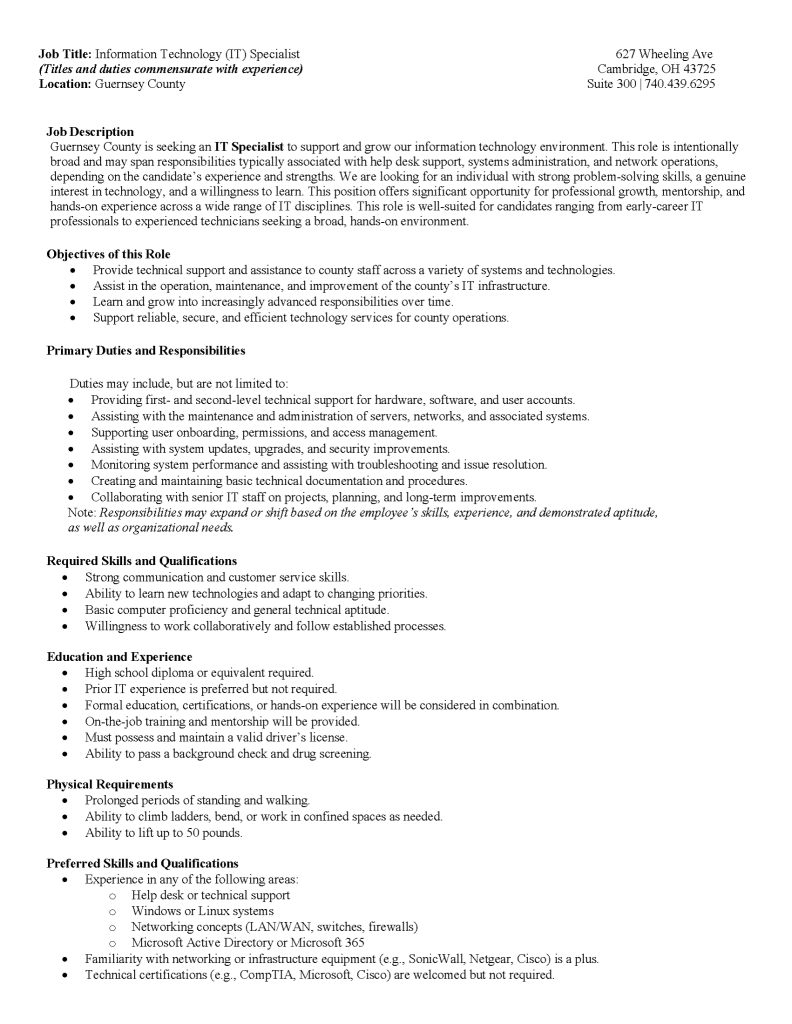 Information Technology Specialist Job Description