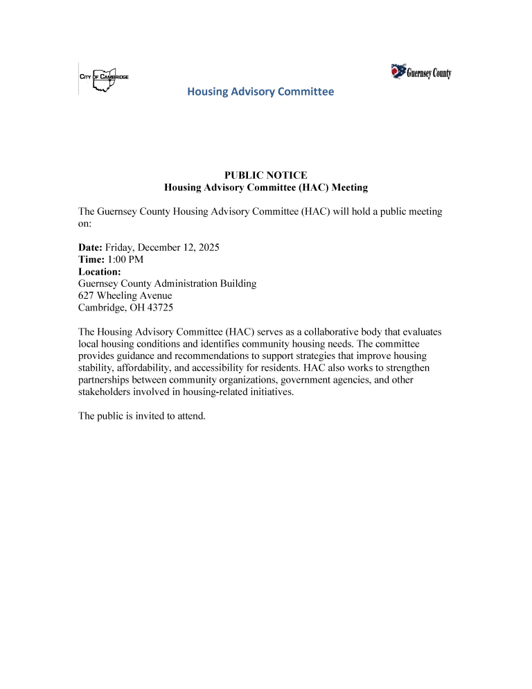 A public notice flyer announces a Guernsey County Housing Advisory Committee meeting on December 12, 2025, at 1:00 PM, detailing location, committee purpose, and inviting public attendance.