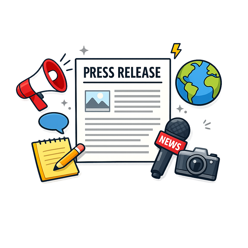 Illustration of a press release document surrounded by a megaphone, notepad with pencil, speech bubble, microphone labeled “news,” camera, and a globe, representing journalism and media communication.