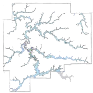 A map outline of an area with branching blue waterways and rivers spreading throughout, forming a network across the region. The background is white with no labels or landmarks.