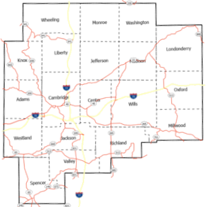 A map showing county and township boundaries with labeled towns, major roads, and highways, including Cambridge, Adams, Liberty, and others in a grid layout. Red lines mark roads, with key towns and highways highlighted.