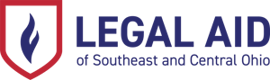 Logo for Legal Aid of Southeast and Central Ohio, featuring a blue flame inside a red shield to the left of the organizations name in blue and gray text on a light background.