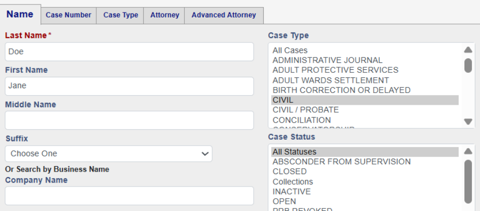 Records Search Screenshot A screenshot of an online form with fields for last name, first name, suffix, and business name. Dropdown menus list case types and case statuses, with CIVIL and ALL STATUSES highlighted.