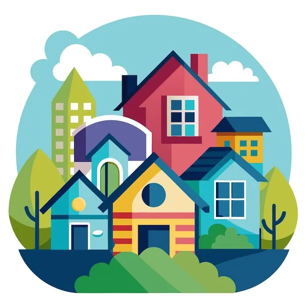 Clipart of colorful houses, neighborhood, sunny