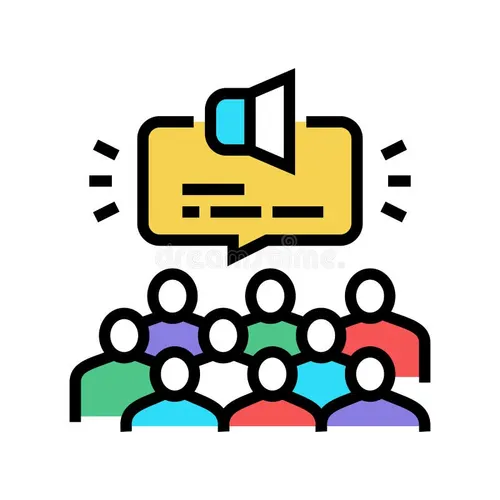 Illustration of a group of people facing a large yellow speech bubble with a megaphone on top, symbolizing communication, announcement, or public speaking.
