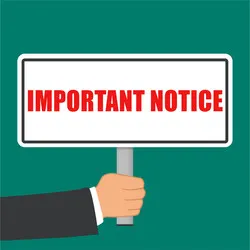 A hand holding a sign with the words IMPORTANT NOTICE written in bold red letters on a white background, against a teal backdrop.