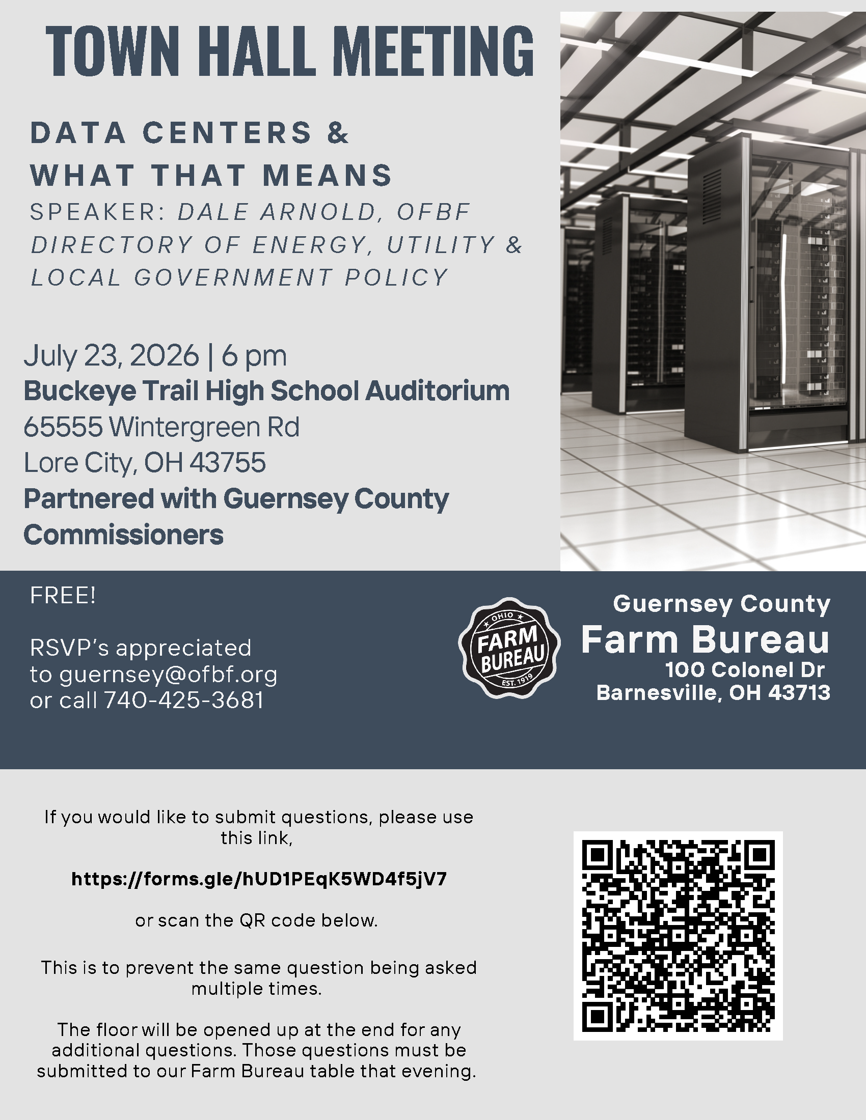 Flyer for a town hall on “Data Centers & What That Means,” July 23, 2026, 6pm at Buckeye Trail High School. RSVP details, contact info, location map, and a form link for questions are included.