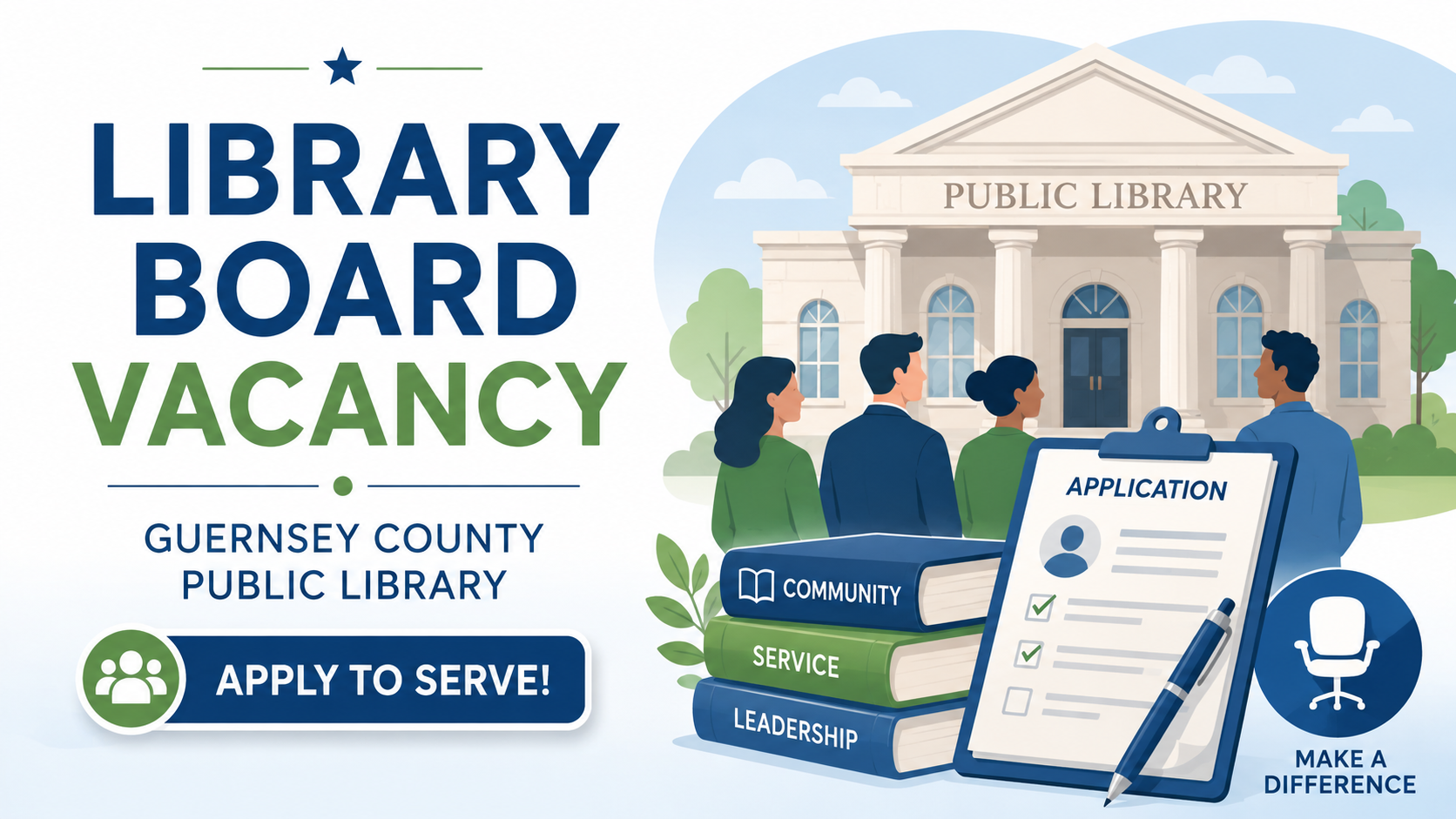 Illustration of people facing a public library building. Text reads Library Board Vacancy, Guernsey County Public Library. Clipboard, books, and Apply to Serve! button are shown. Icons for community, service, and leadership are included.
